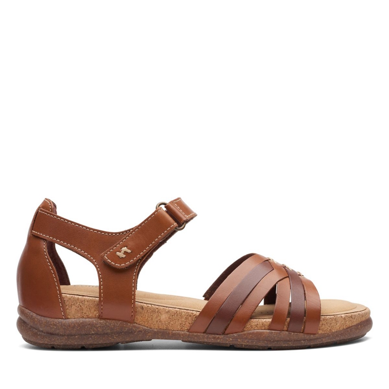 Brown Women's Clarks Roseville Cove Tan Leather Sandals | 8273501-MY