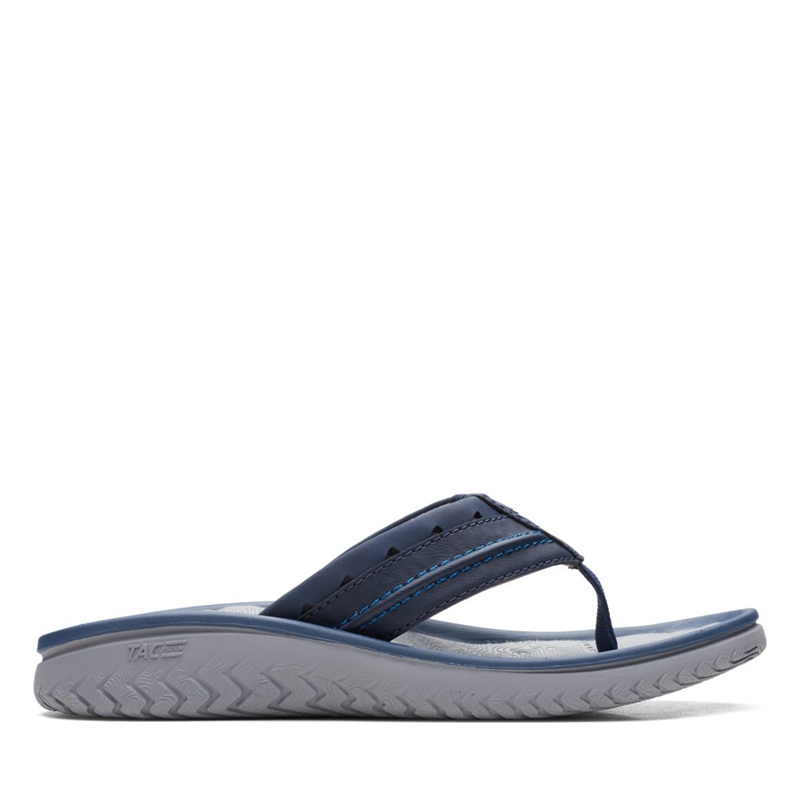 Navy Men's Clarks Wesley Post Flip Flops | 0342579-GV