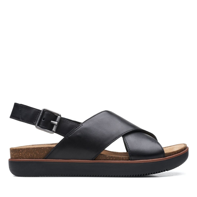 Black Women\'s Clarks Elayne Cross Leather Sandals | 8039614-NB