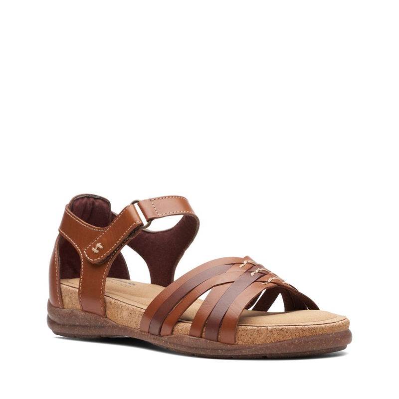 Brown Women's Clarks Roseville Cove Tan Leather Sandals | 8273501-MY