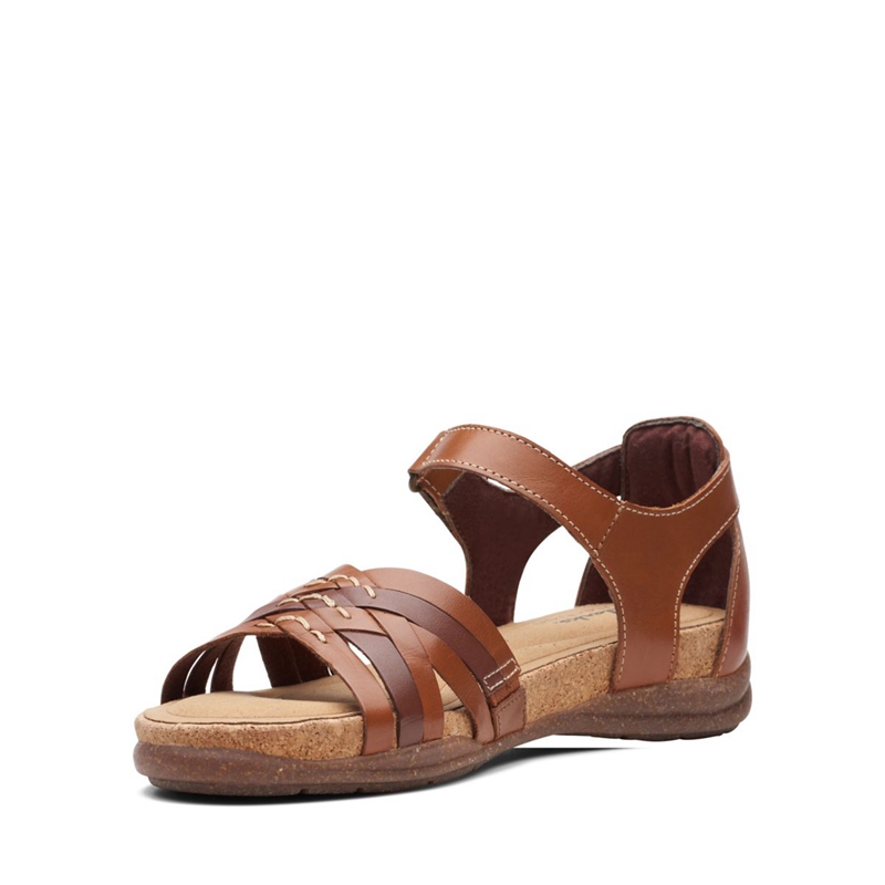 Brown Women's Clarks Roseville Cove Tan Leather Sandals | 8273501-MY