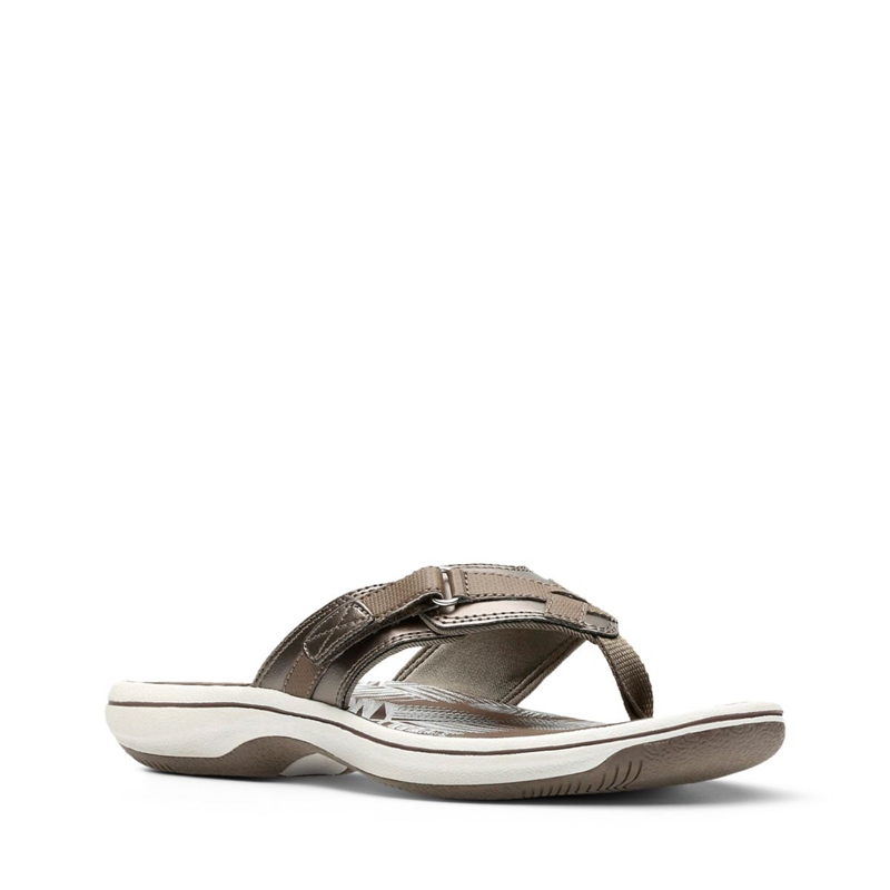 Grey Women's Clarks BREEZE SEA Pewter Synthetic Flip Flops | 4618573-GH