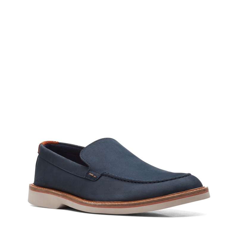 Navy Men's Clarks Atticus LT Edge Nubuck Slip Ons | 8342970-XN