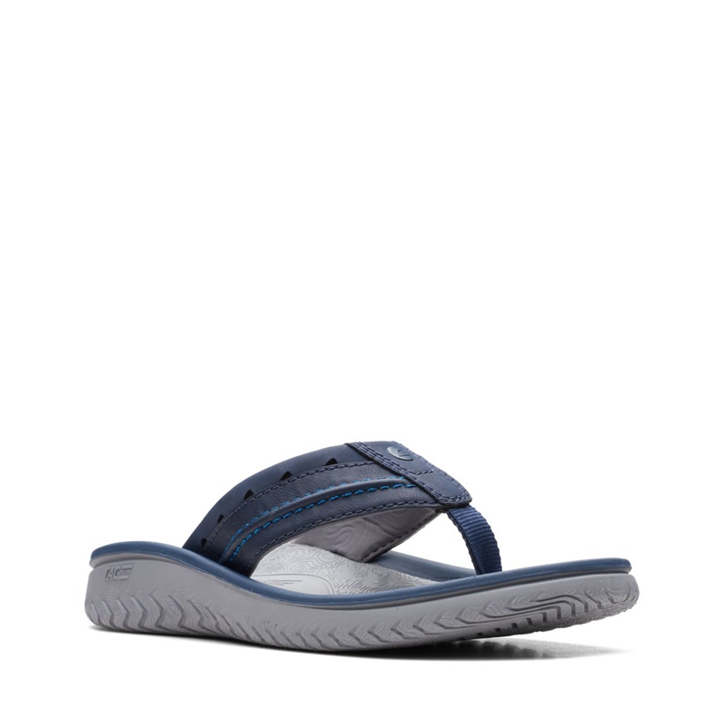 Navy Men's Clarks Wesley Post Flip Flops | 6457192-BL